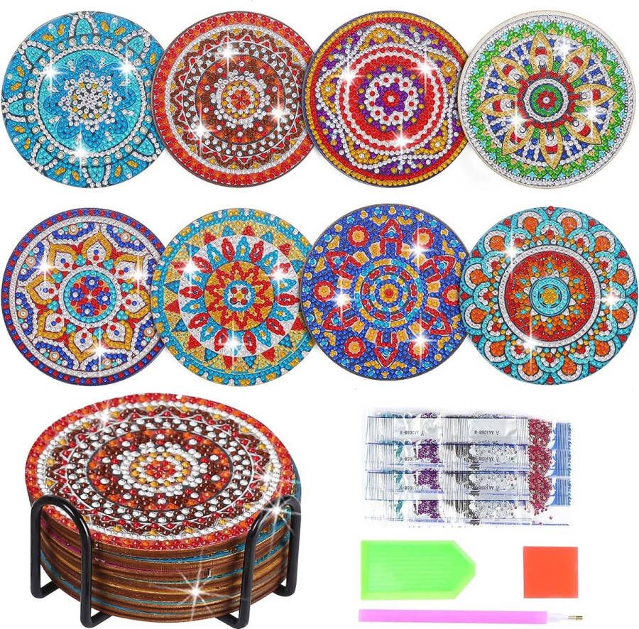 Diamond Art Coasters met houder Arts and Crafts voor volwassenen Diamond Painting Kits DIY Mandala Coasters voor ambachten (Mandala 8)