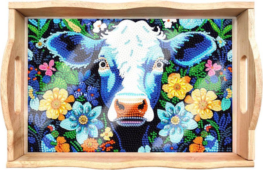 Diamond Painting Dienblad Koe met bloemen 30x20 cm Compleet Hobbypakket Vierkante Steentjes