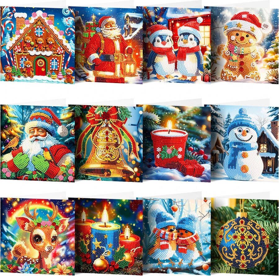 Diamond Painting Kaarten Kerst 12 stuks inclusief enveloppen Ronde steentjes Compleet Hobbypakket 2024