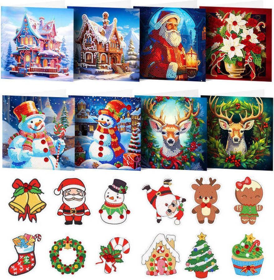 Diamond Painting Kaarten Kerst 8 kaarten en 12 Kerstboom hangers Compleet Hobbypakket Ronde steentjes
