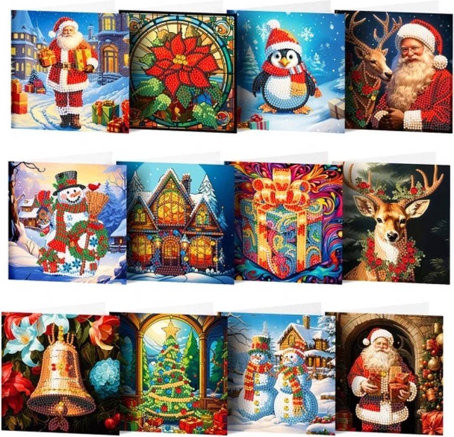Diamond Painting kaarten Kerst Midden 2024 12 stuks inclusief enveloppen Compleet Hobbypakket Ronde steentjes