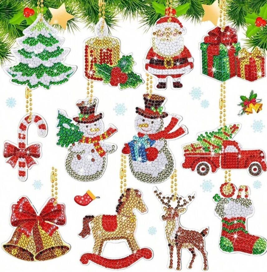 Diamond Painting Kerst Ornament set van 12 Compleet set met kettinghangers incl. pen en wax kerstboom sleutelhanger hobby