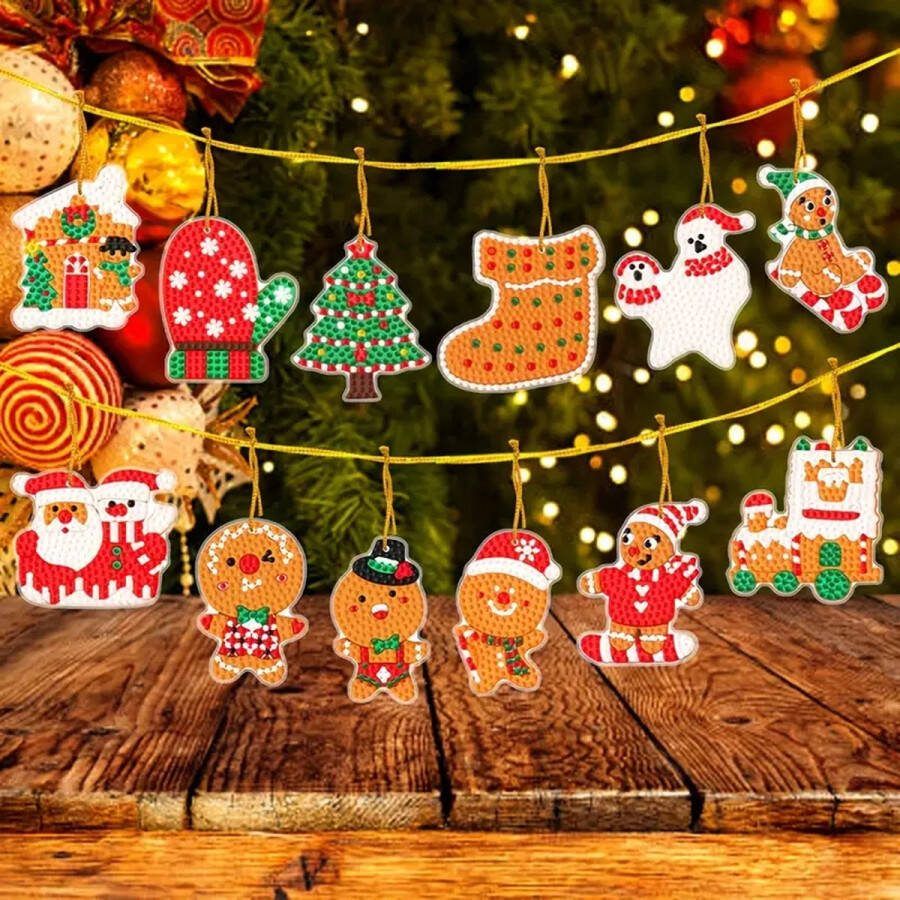 Diamond painting kersthangers ornament gingerbread ronde steentjes volledig te beplakken