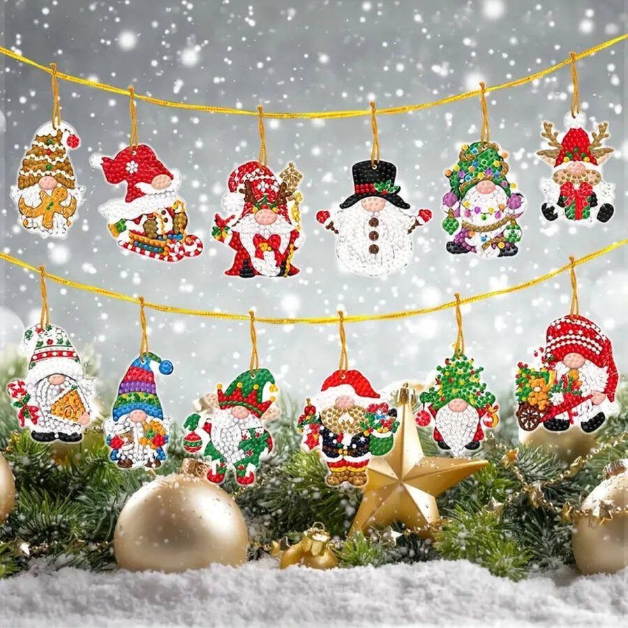Diamond painting kersthangers ornament kerstman 12 stuks ronde steentjes volledig te beplakken