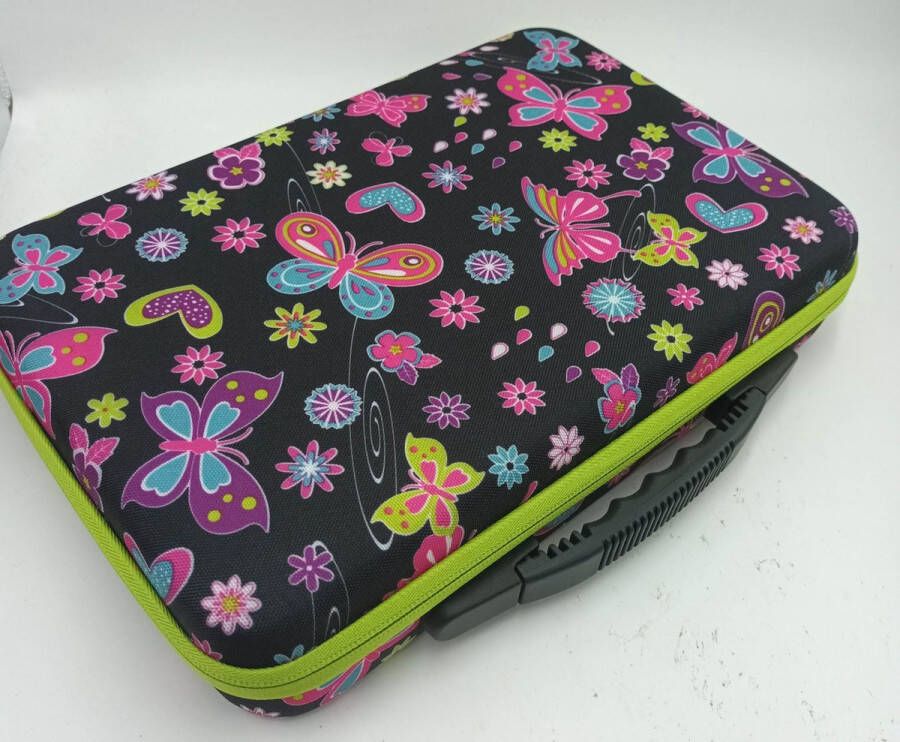 Diamond painting koffer stockage box met 60 potjes zwart met vlinders en bloemen Groene rand