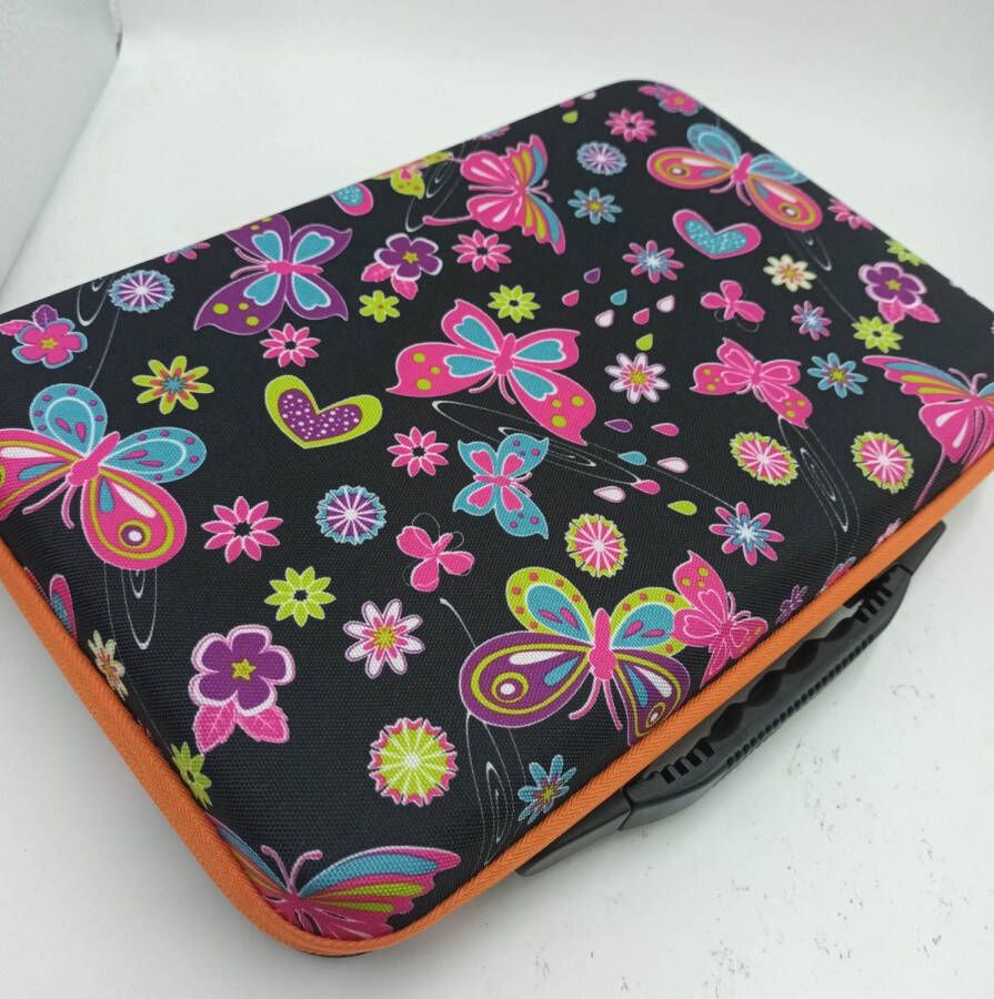 Diamond painting koffer stockage box met 60 potjes zwart met vlinders en bloemen oranje rand
