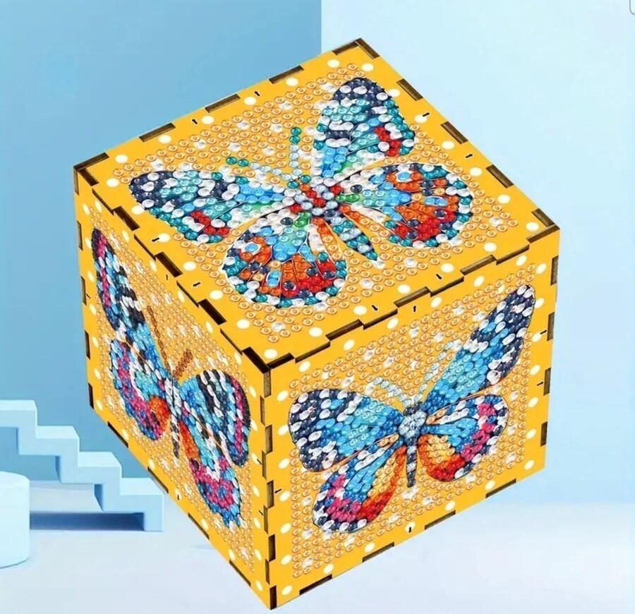 Diamond painting kubus vlinder geel dobbelsteen