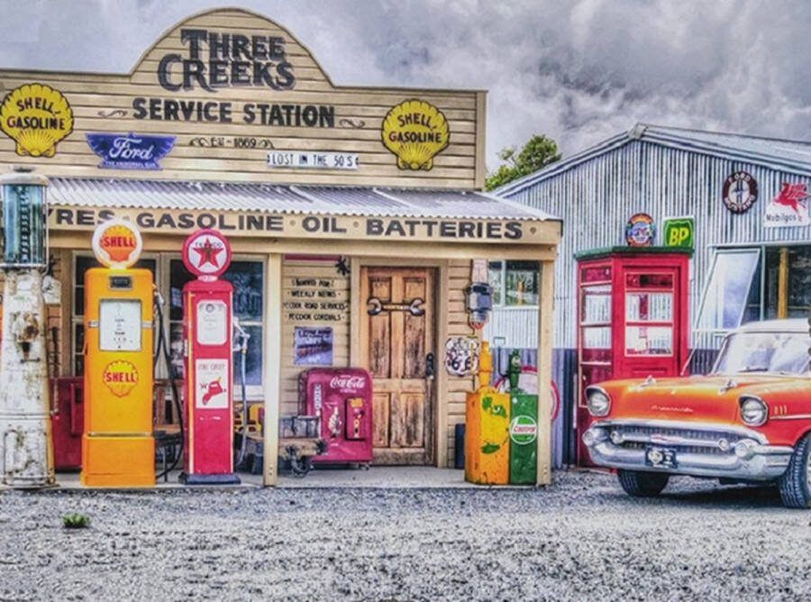 Diamond Painting Pakket Gas station Benzine pomp -50x40 cm Complete Set Volledige Bedekking Ronde Steentjes