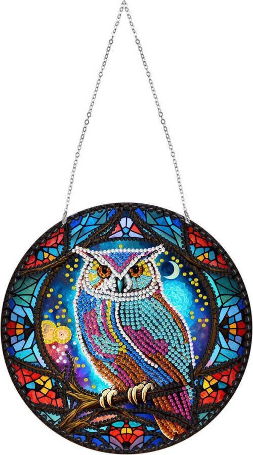 Diamond Painting Raamhanger Afbeelding van een Uil Ronde steentjes Compleet Hobbypakket