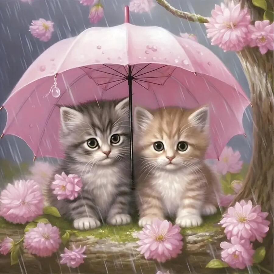 Diamond Painting Set Jonge Poesjes onder Paraplu 20x20cm