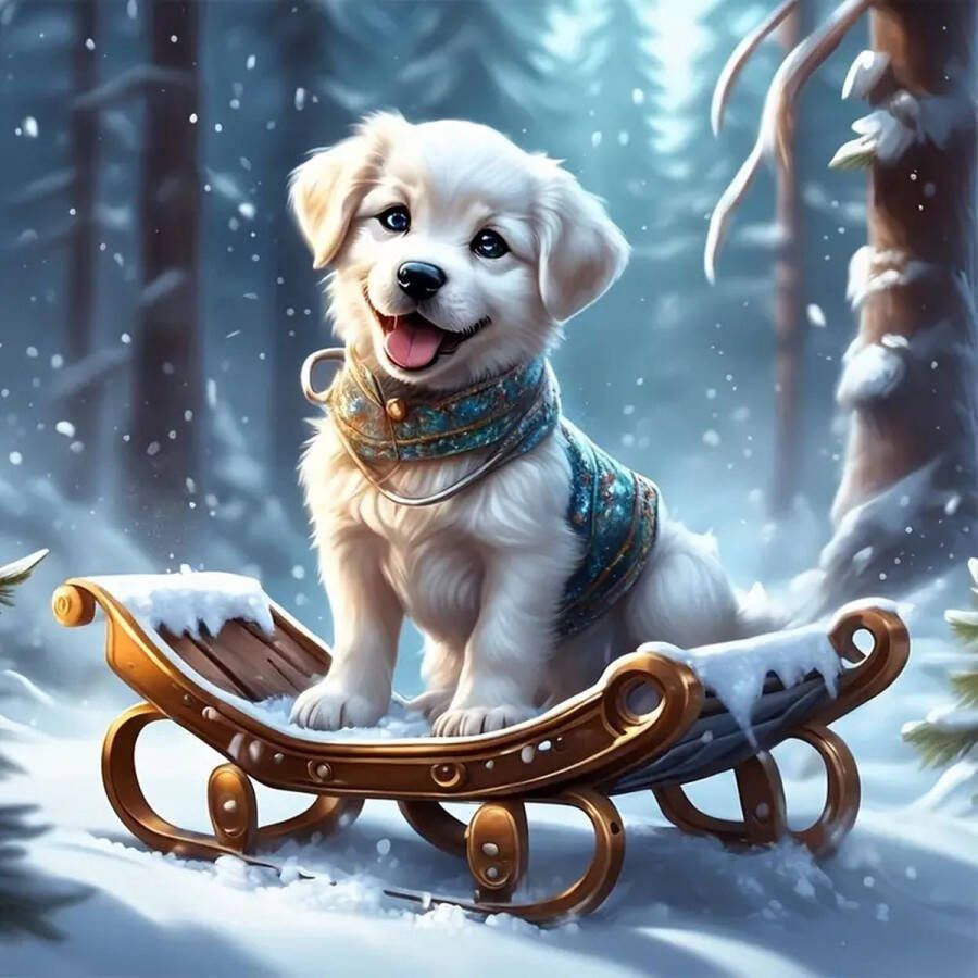 Diamond Painting Set Puppy Op Slee In Sneeuwlandschap 20x20cm