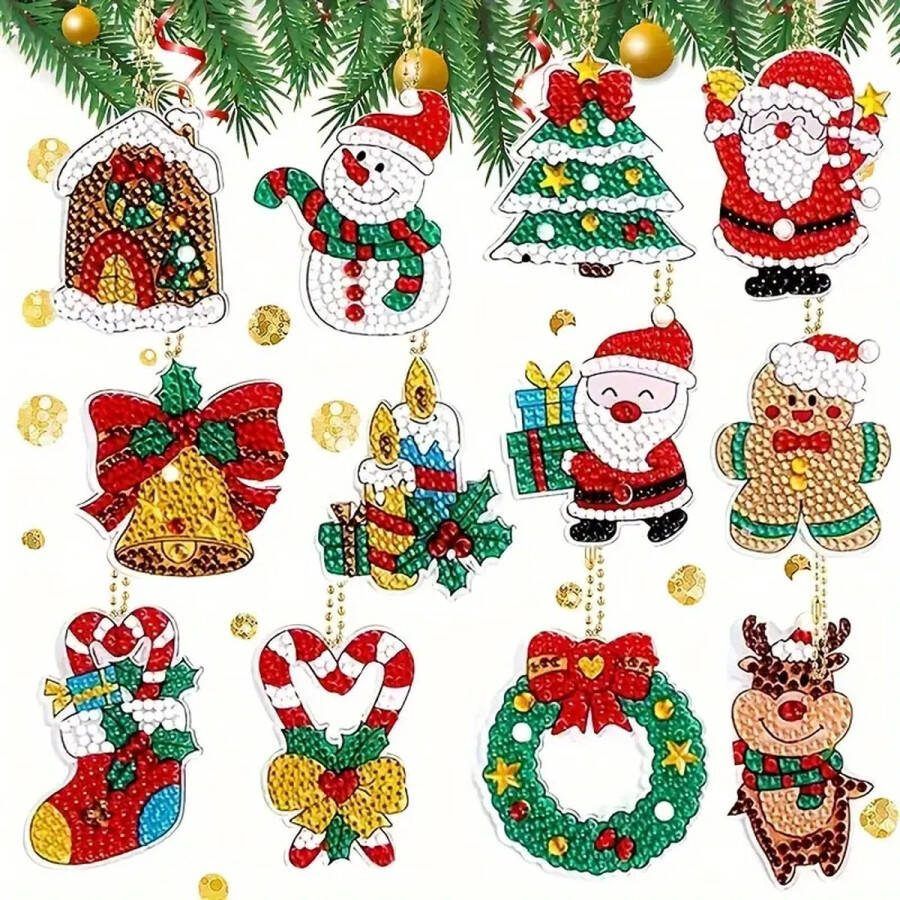 Diamond painting sleutelhangers kerst 12 stuks dubbelzijdig