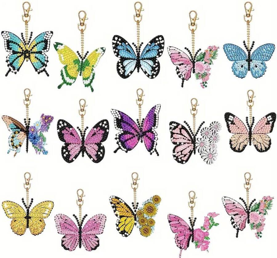 Diamond painting sleutelhangers vlinders 15 stuks ronde steentjes volledige te beplakken dubbel te beplakken