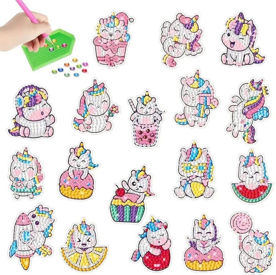 Diamond painting stickers unicorn 18 stuks ronde steentjes volledig te beplakken