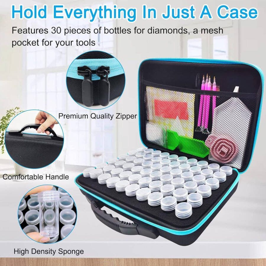 Diamond Painting Storage Box 60 vakken Plastic Tins Accessory Boxes borduurwerk sorteerdoos met pen etui trechter pincet enz. voor nagels steentjes kralen DIY Crafts (32 x 22 x 7 4 cm)