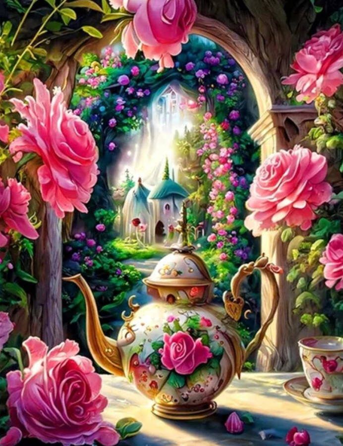 Diamond painting theepot met rozen 40x50 vierkante steentjes