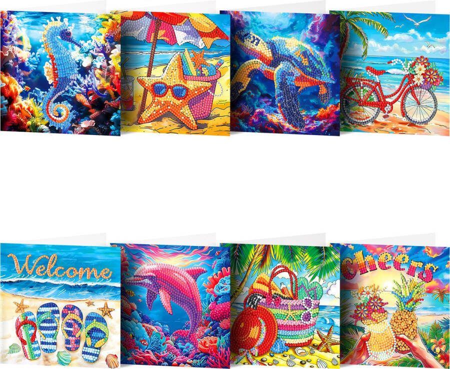 Diamond Painting Wenskaarten Zomer kaarten Ronde steentjes Compleet Hobbypakket Inclusief 8 enveloppen