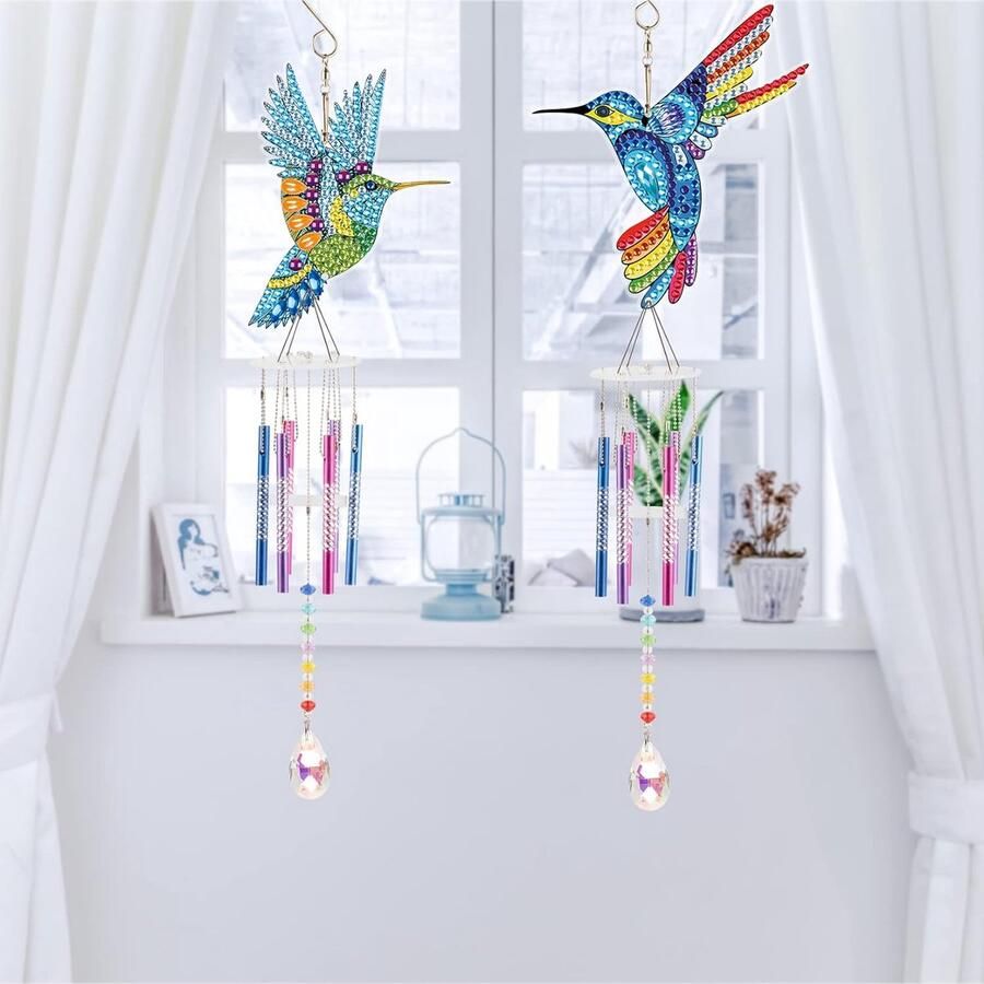 Diamond Painting Windgong voor buiten 2 stuks 6 buizen ramen windgong klankspel vogel kolibrie tuindecoratie voor tuin gazon binnenplaats moeder geschenken paasdecoratie zonnevanger knutselen kinderen meisjes metaal