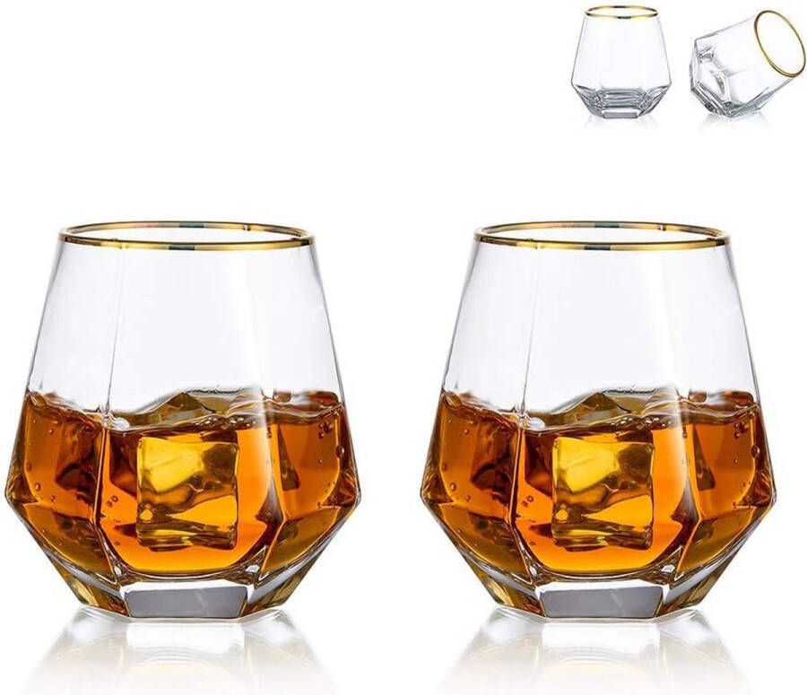 Diamond Whiskyglazen set van 2 gekanteld Scotchglas 300 ml moderne look voor mannen vrouwen papa echtgenoot vrienden glaswerk voor bourbon rum bar tumbler