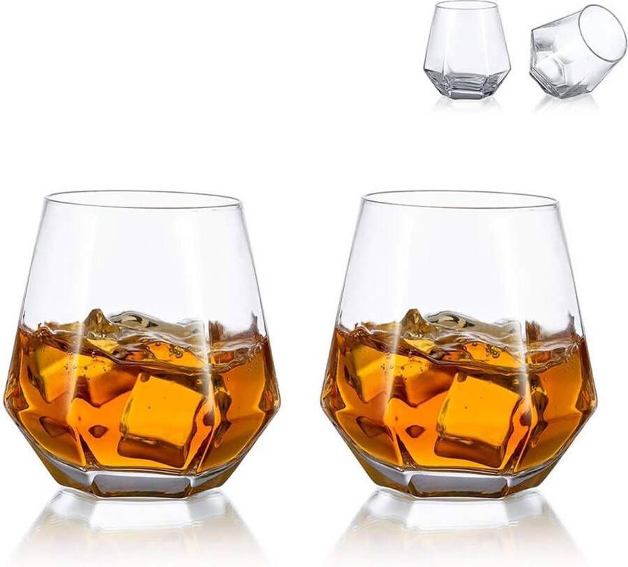 Diamond Whiskyglazen set van 2 gekanteld Scotchglas 300 ml moderne look voor mannen vrouwen papa echtgenoot vrienden glaswerk voor bourbon rum bar tumbler