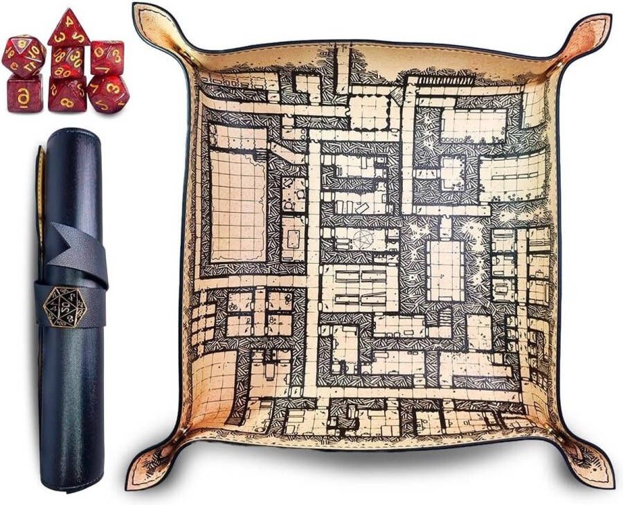 Dice tray Dungeon Dobbelstenen bord kaart kubus-onderlegger kubusschaal kubusplank dobbelmat kunstleer 7 rollenspel polyedrische dobbelstenen Dungeons and Dragons D&D dice tray