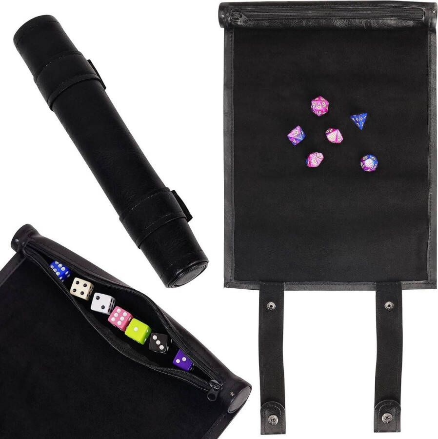 Dice tray Zwarte Scroll Rolmat PU Leren Opslag Doos Houder met Rits Vouwbare Polyhedrale Ideaal voor DND RPG Boardgames Tafelgames. dice tray