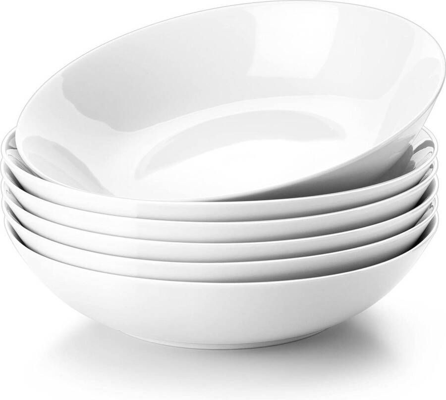 Diepe 850 ml porseleinen pastaborden 6-delige set in wit met saladekommen Kommenset
