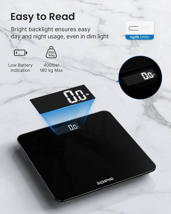 Digitale Badkamerweegschaal Weegschaal met Hoge Precisie Voor Het Lichaam met Groot LED-Display Step-On-Technologie Capaciteit 180kg 400lb Zwart