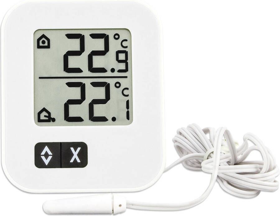 Digitale binnen- en buitenthermometer 30.1043.02 buitentemperatuur via kabel maximum-en minimumwaarden ook geschikt voor bewaking vriezer aquarium wit (L) 57 x (B) 13 x (H) 69 mm
