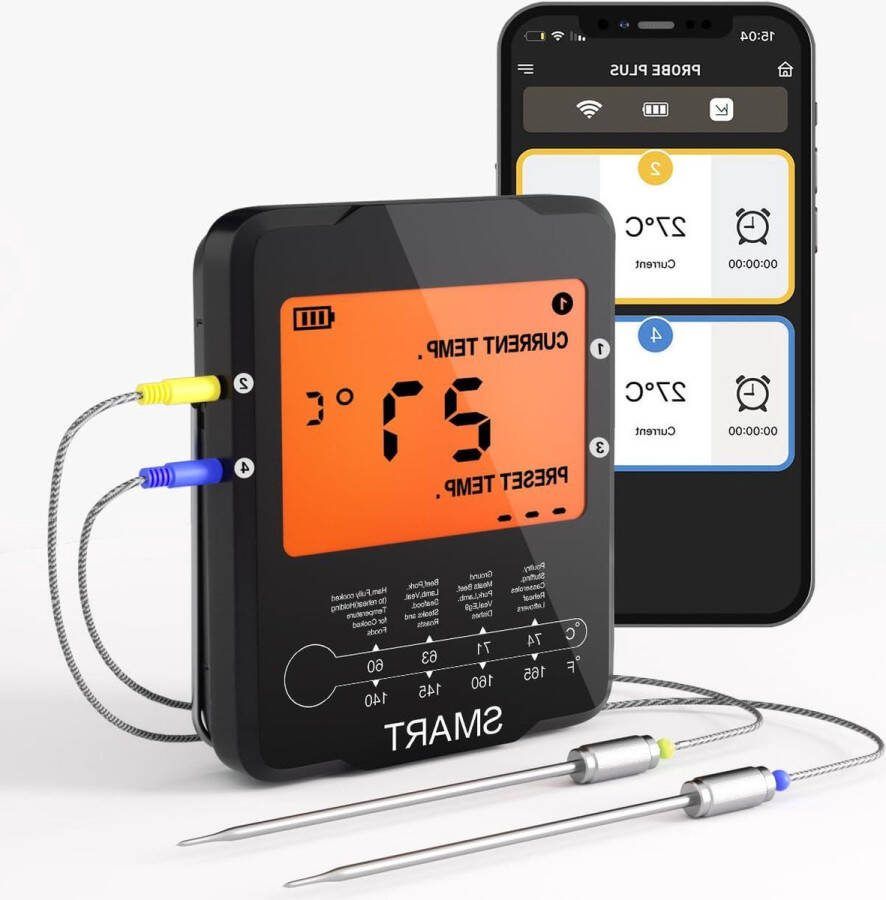 Digitale draadloze Bluetooth vleesthermometer keukenthermometer voor levensmiddelen BBQ instant temperatuurmeting 100 m bereik app-bediening