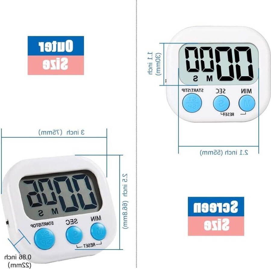 Digitale keukentimer met magnetische steunstandaard luid alarm tellen en aftellen klok wit kookwekker digitaal