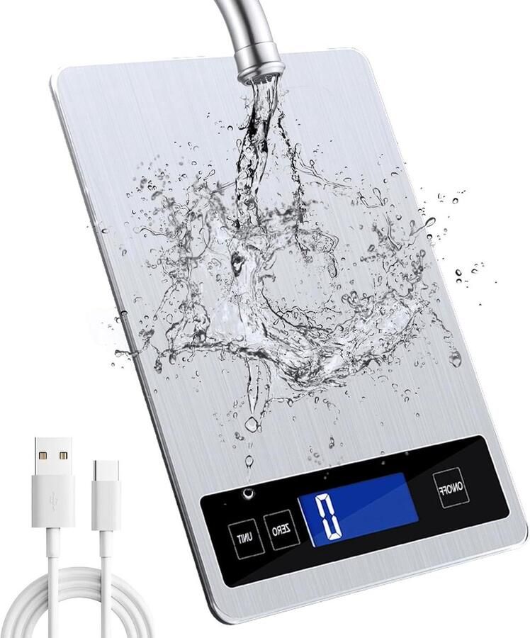 Digitale Keukenweegschaal 33 lb 15 kg LCD-scherm Roestvrij staal Gehard glas Nauwkeurigheid tot 1 g USB of batterij bediend g-kg-lb oz-ml-fl'oz