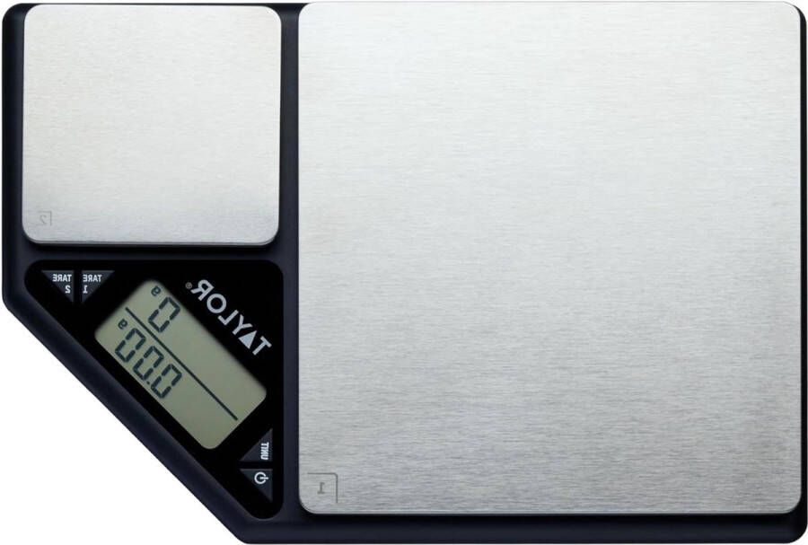 Digitale keukenweegschaal dubbel platform Pro Professional Standard precisie nauwkeurigheid tarrafunctie 5 kg capaciteit zwart zilver