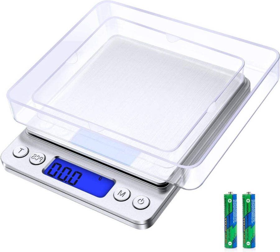 Digitale Keukenweegschaal Hoge Precisie 500g 001g LCD-Display Tarra & PCS-Functies Sieradenweegschaal Elektronische Weegschaal Met 2 Dienblad Batterijen Zilver