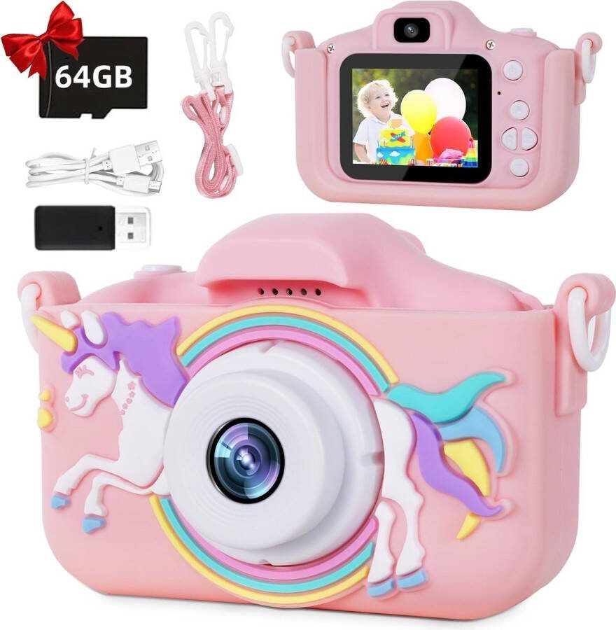 Digitale Kindercamera HD 1080p Speelgoedcamera Inclusief 64GB Micro SD Kaart en Kaartlezer- Fototoestel Voor Kinderen Kan ingesteld worden op Nederlands Unicorn Roze