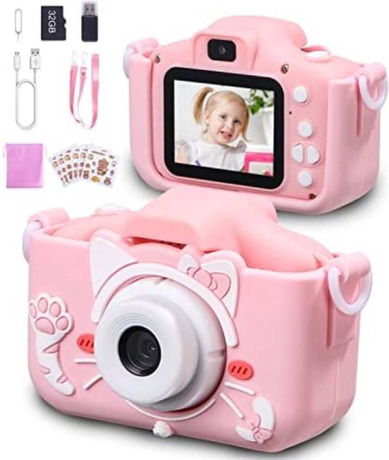 Digitale Kindercamera Kinderfototoestel Kindercamera Digitaal met 32GB micro SD kaart Roze