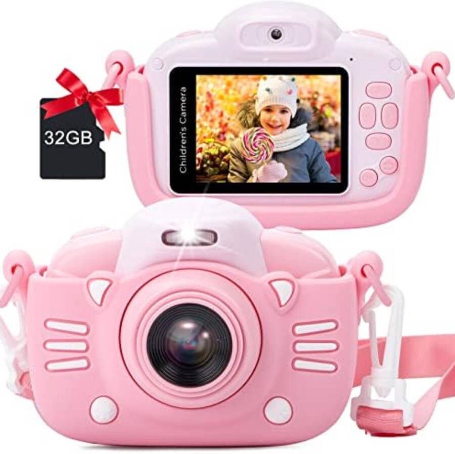 Digitale Kindercamera Kinderfototoestel Kindercamera Digitaal met 32GB micro SD kaart Roze