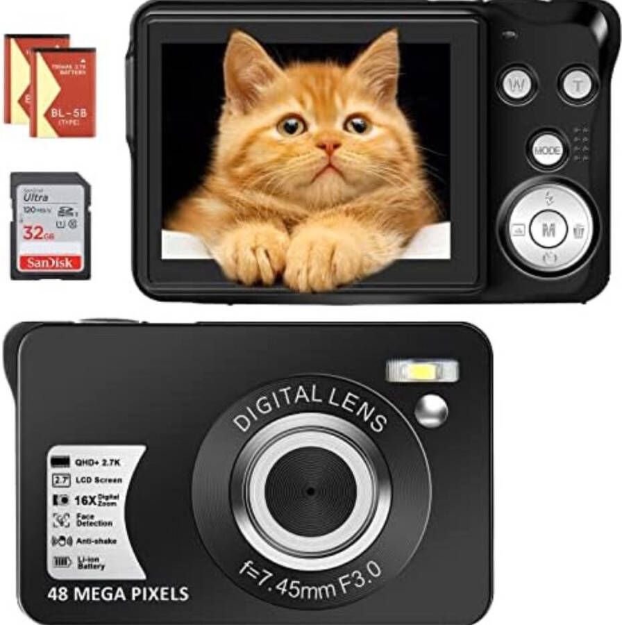 Digitale Kindercamera Kinderfototoestel Kindercamera Digitaal met 32GB micro SD kaart Zwart