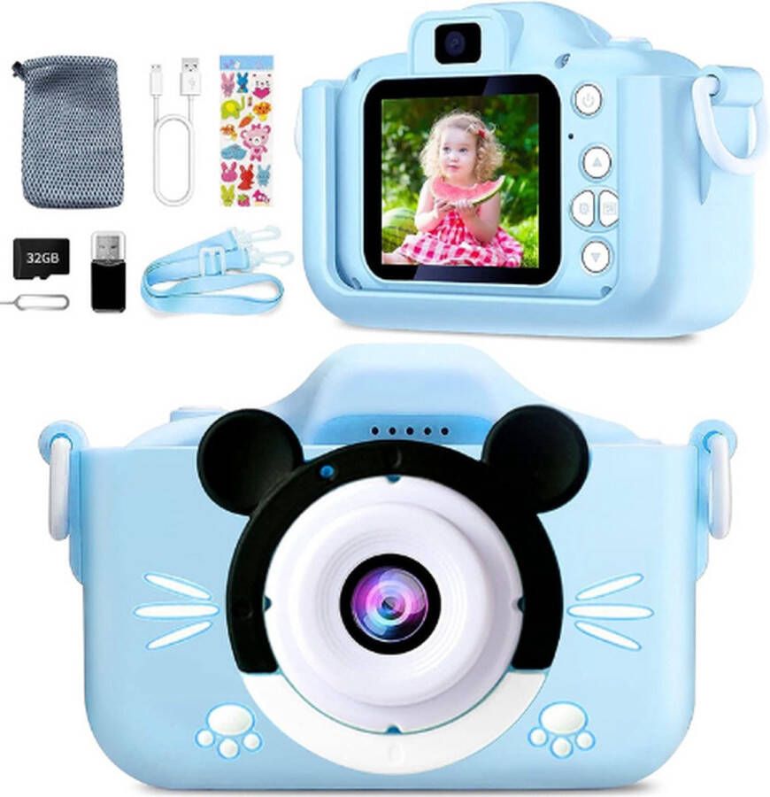 Digitale Kindercamera Speelgoed Camera Blauw 1080P 32GB Siliconen Beschermhoes USB Oplaadbaar