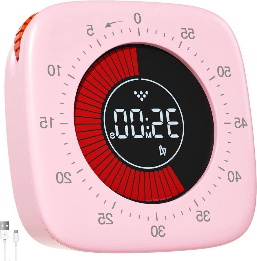 Digitale Kookwekker Visuele timer 60 minuten oplaadbaar 4 alarmmodi countdown-timer count-uptimer roze