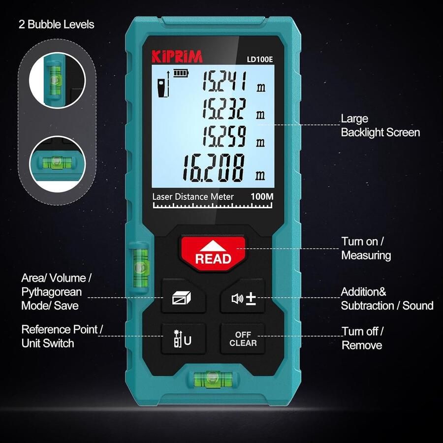 Digitale Laserafstandsmeter 50M met Dubbele Waterpas Nauwkeurige Meting van Afstand Oppervlakte & Volume Waterdicht IP54 Handzaam en Lichtgewicht met Dataopslag en Achtergrondverlichting LCD