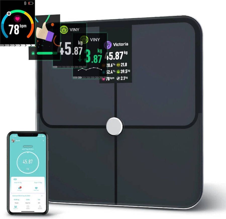 Digitale Lichaamsvetweegschaal – Slimme Lichaamsweegschaal met TFT Kleurenbeeldscherm Hartslagmeting en Nauwkeurige Resultaten – Professionele Smart Weegschaal met BMI Vetpercentage en Spiermassa Metingen
