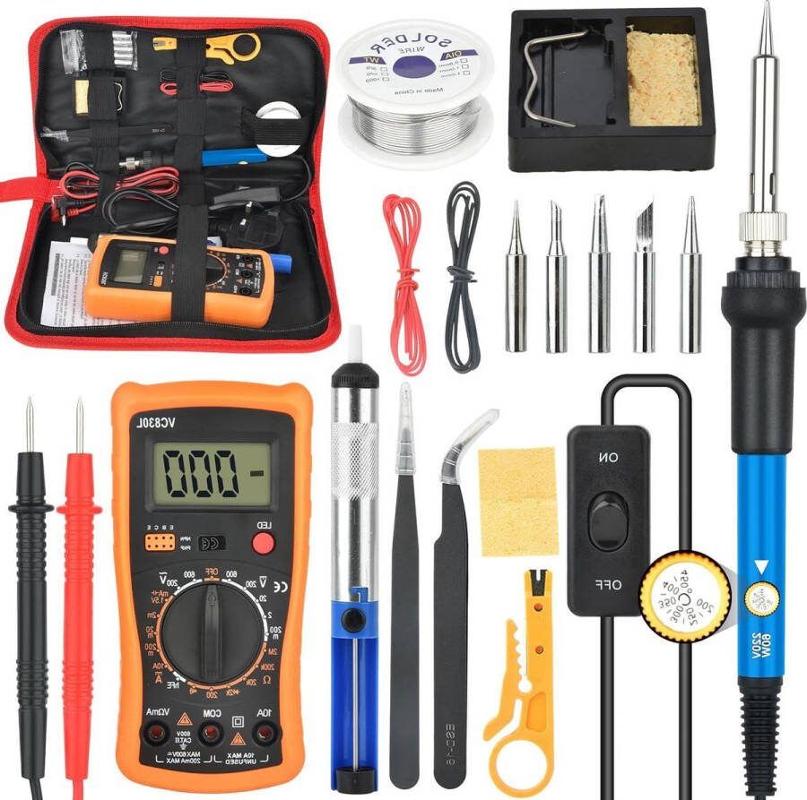Digitale multimeter soldeerboutset instelbare temperatuur 200-450 °C 5 soldeerpunten desoldeerpomp soldeerboutstandaard soldeertin pincet