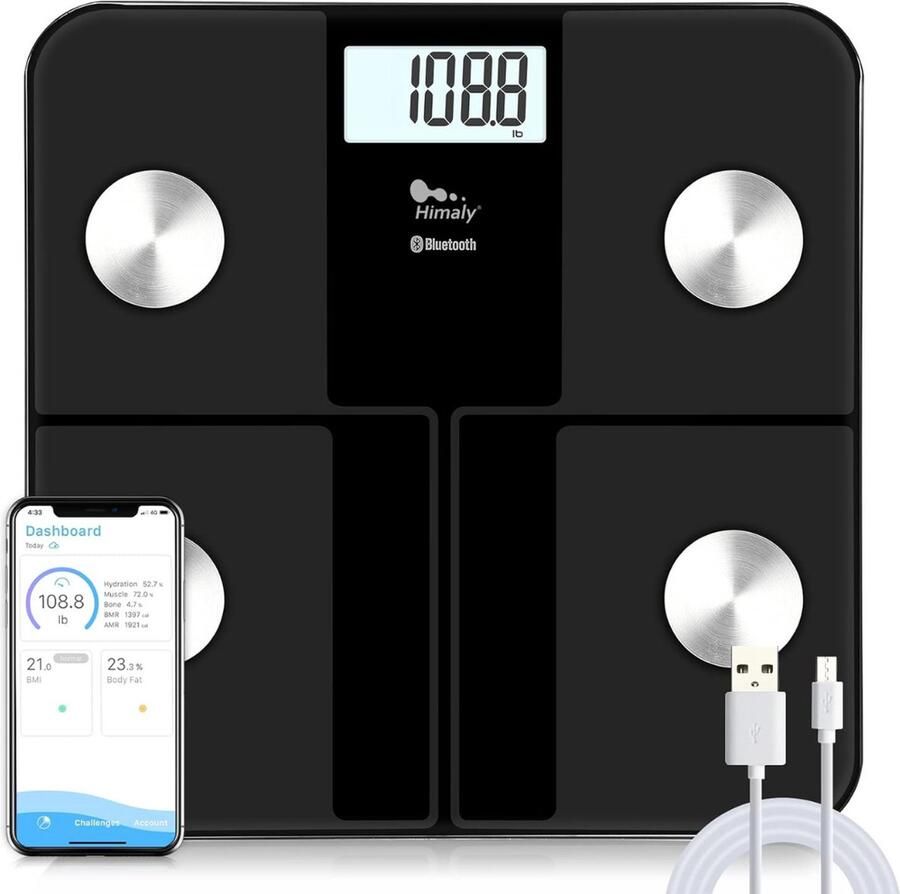 Digitale Personenweegschaal Weegschaal Bluetooth Met LCD-Scherm Compact Ontwerp Voor lichaamsgewicht BMI Zwart