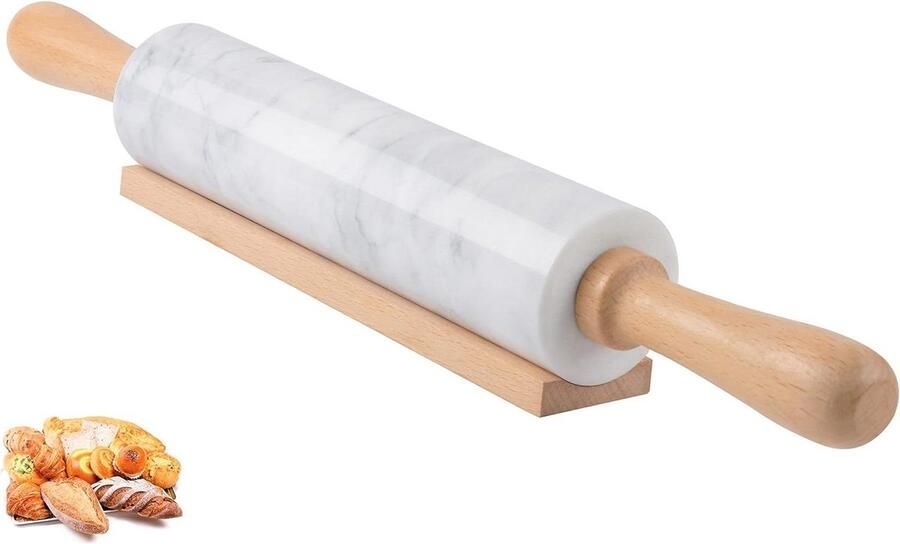 Dikke handgreep Marmeren deegroller met houten wieg Bakken 47 cm (185) Hoogwaardige gepolijste roller Pizzadeeg Fondant Taartkorst Antiaanbakoppervlak Gemakkelijk schoon te maken