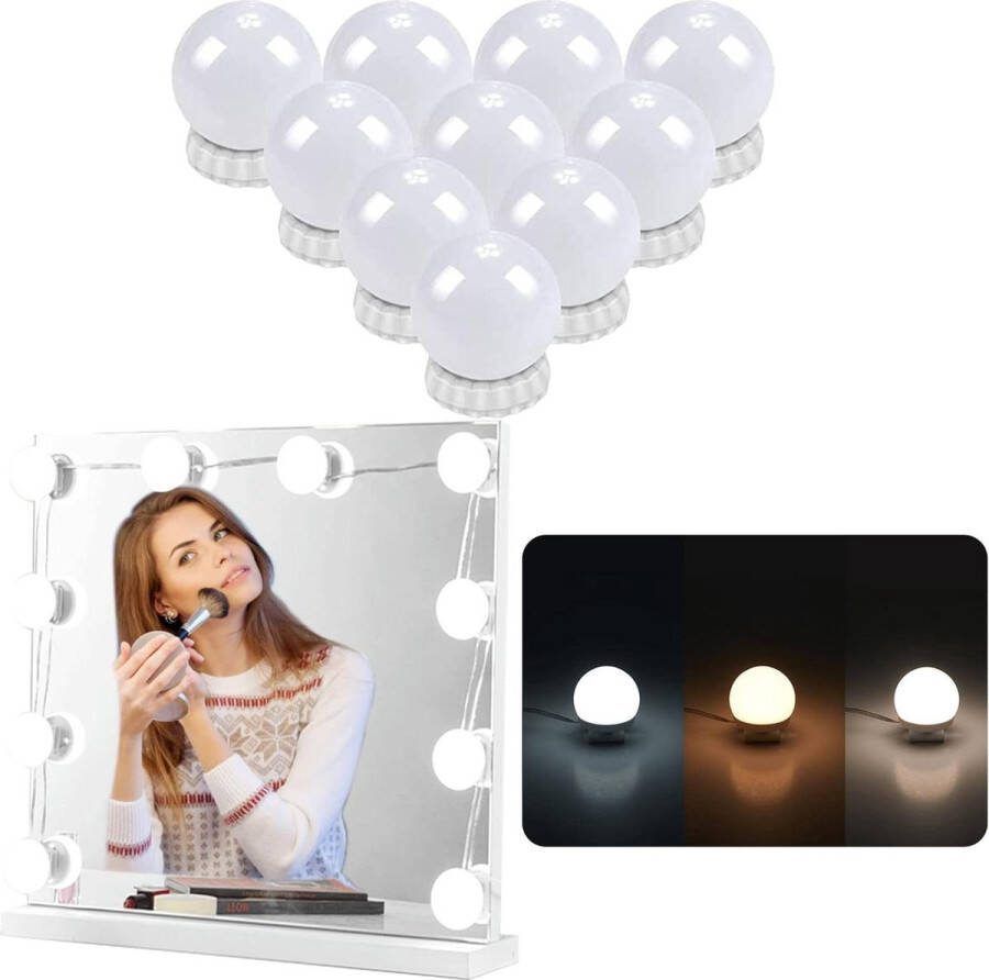 Dimbare Hollywood make-up lamp voor spiegels met schakelaar en 3 kleuren licht voor kaptafel of badkamerspiegel