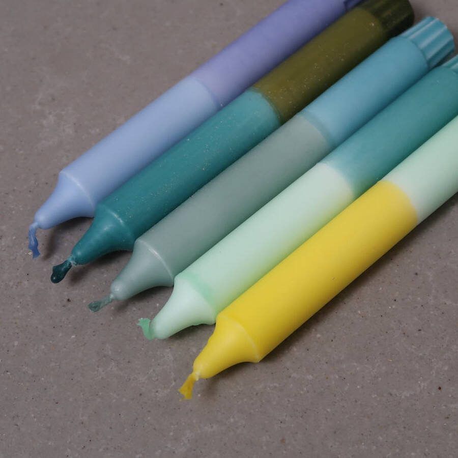 Dinerkaarsen Dip Dye Groen Blauw Geel 5 stuks