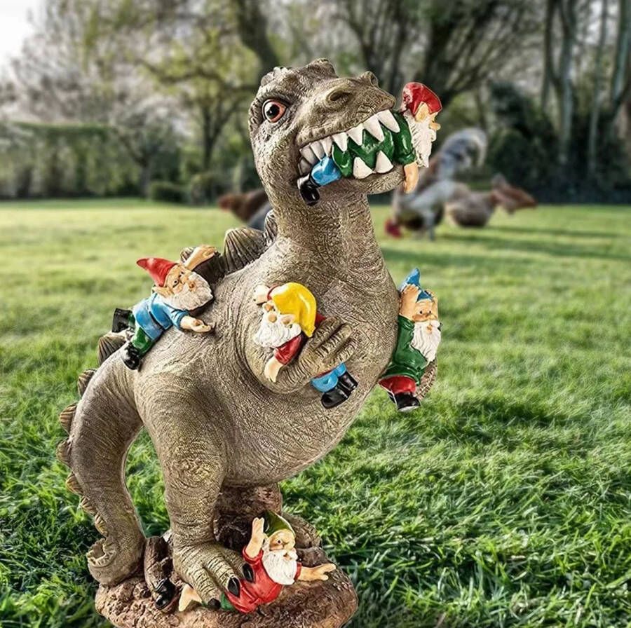 Dinosaurus die tuinkabouters aanvalt Grappige tuin decoratie Binnen en buiten Dwergen Grote sculptuur Dino