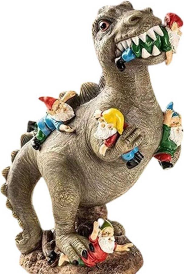 Dinosaurus die tuinkabouters aanvalt Grappige tuin decoratie Binnen en buiten Dwergen Grote sculptuur Dino