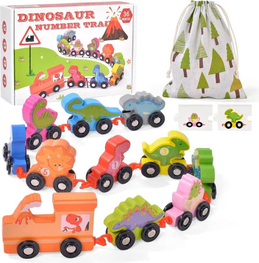 Dinosaurus Houten Treinset met Cijferpuzzels Educatief & Motoriek Speelgoed Kleurrijk en Veilig voor Kinderen